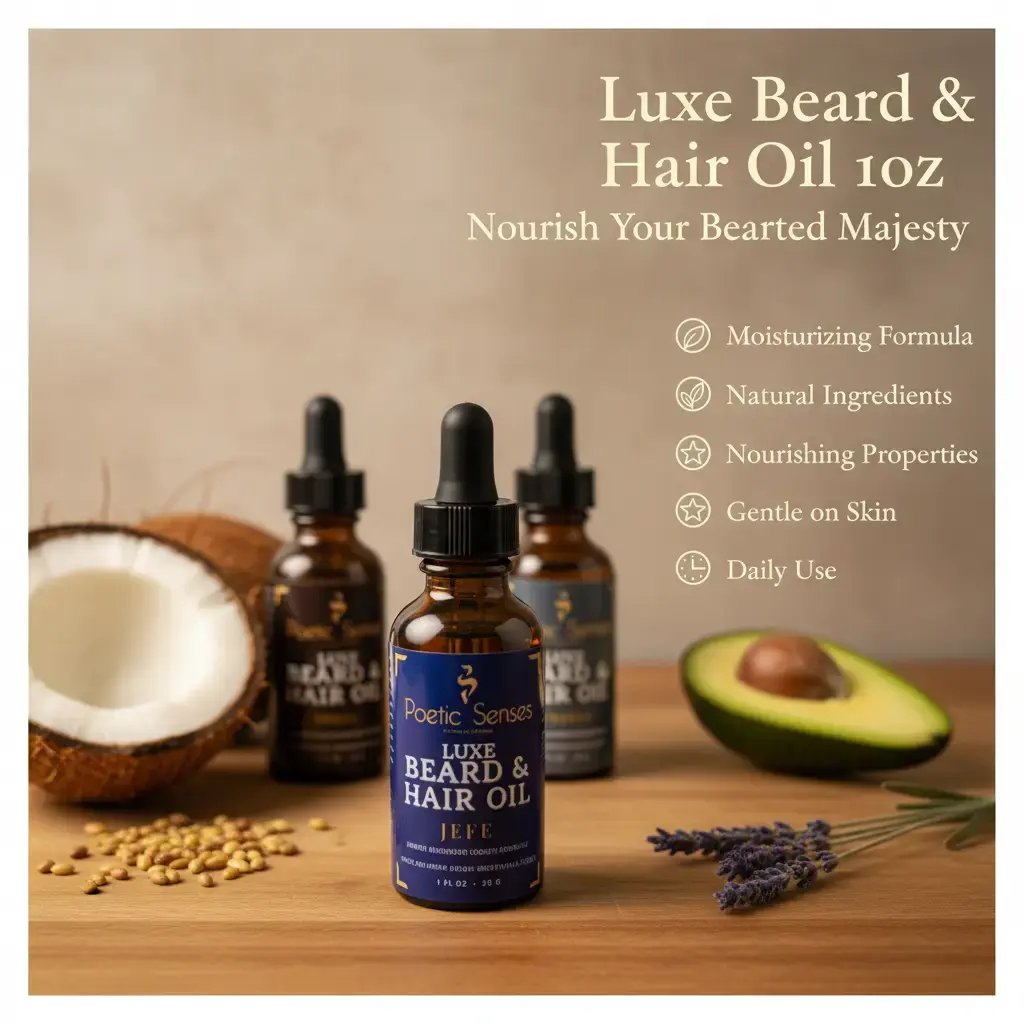 Poetic Senses Poetic Man Luxe Beard & Hair Oil 1 oz | Moisturizing Beard Oil for Men | Beard Softener & Conditioner | Jojoba, Argan & Jamaican Black Castor Oil