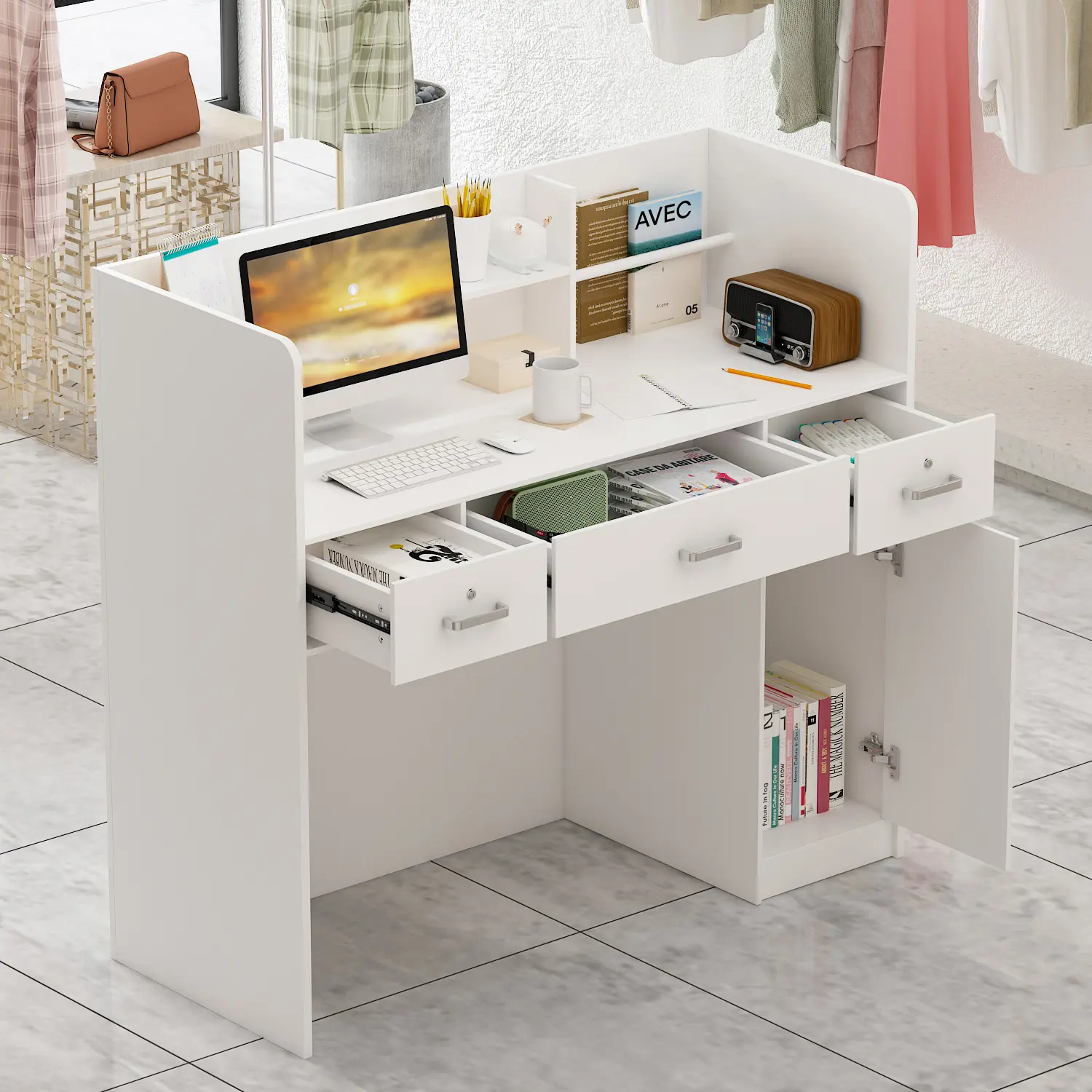 FUFU&GAGA Reception Desk Counter with Lockable Drawers, Water, Scratch, and Stain-Resistant Laminate, Wrap-Around Sides, and File Drawer, Contemporary