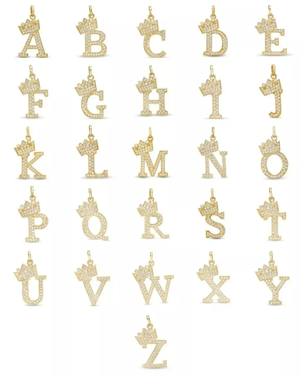 14K Gold CZ Initials Letter Pendant Charm Crown for Kids Womens Mens - Elegant Fashion Design - Anniversary Birthday Gifts