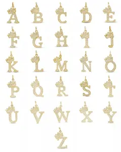 14K Gold CZ Initials Letter Pendant Charm Crown for Kids Womens Mens - Elegant Fashion Design - Anniversary Birthday Gifts