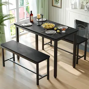 Dining table set for 4, 3-piece kitchen table with 2 benches, space-saving dining room set for breakfast nook and small spaces, black