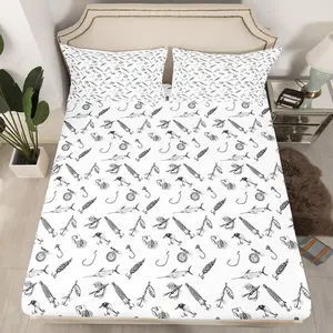 Fishing Fitted Sheet,Sketch Fishhooks Print Bedding Set for Kids Boys Men Adult Home Room Decor,Lake House Fishing Bed Sheets Vintage Grey White Deep Pocket Sheet