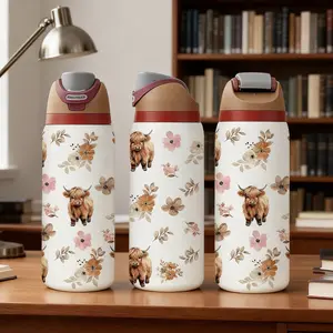 1 pc 19oz/32oz Brown Highland Cow with Flowers Stainless Steel Tumbler with Lid, Hot for 12 hours, cold for 24, Vacuum Cup, Travel Mug, Insulated Flask. Great gift for women, moms, friends and teachers. Perfect for home, office, holiday and outdoor use