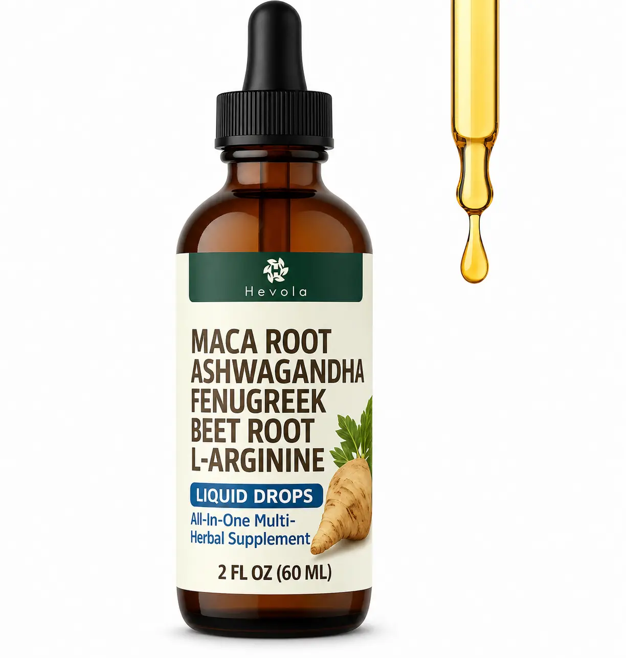 Hevola Organic Maca Root Liquid Drops Vitamin Daily Supplement - Botanical Formula with Ashwagandha, Fenugreek, Beet Root, L-Arginine, Minerals for Natural Wellness Boost (For Men, Women)
