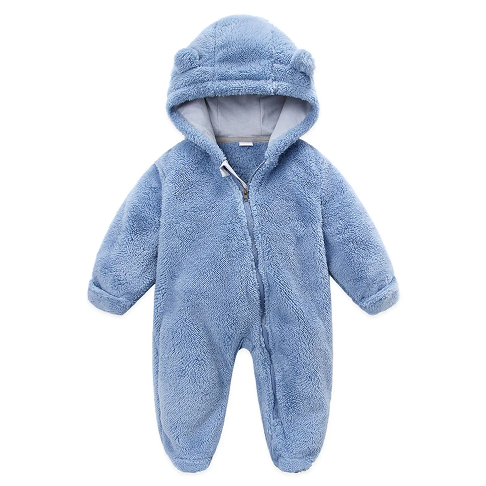 Baby Solid Color Full-Length Bodysuit - Unisex 0-3 Months/6-9 Months Soft 95% Cotton Long Sleeve Hooded Winter Outerwear with Zipper Closure