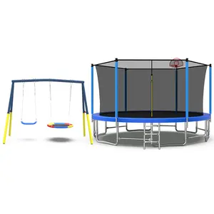 8-16FT Trampoline With Swings, Basketball Hoop and Ladder - ASTM Approved Outdoor Backyard Recreational Equipment With Net