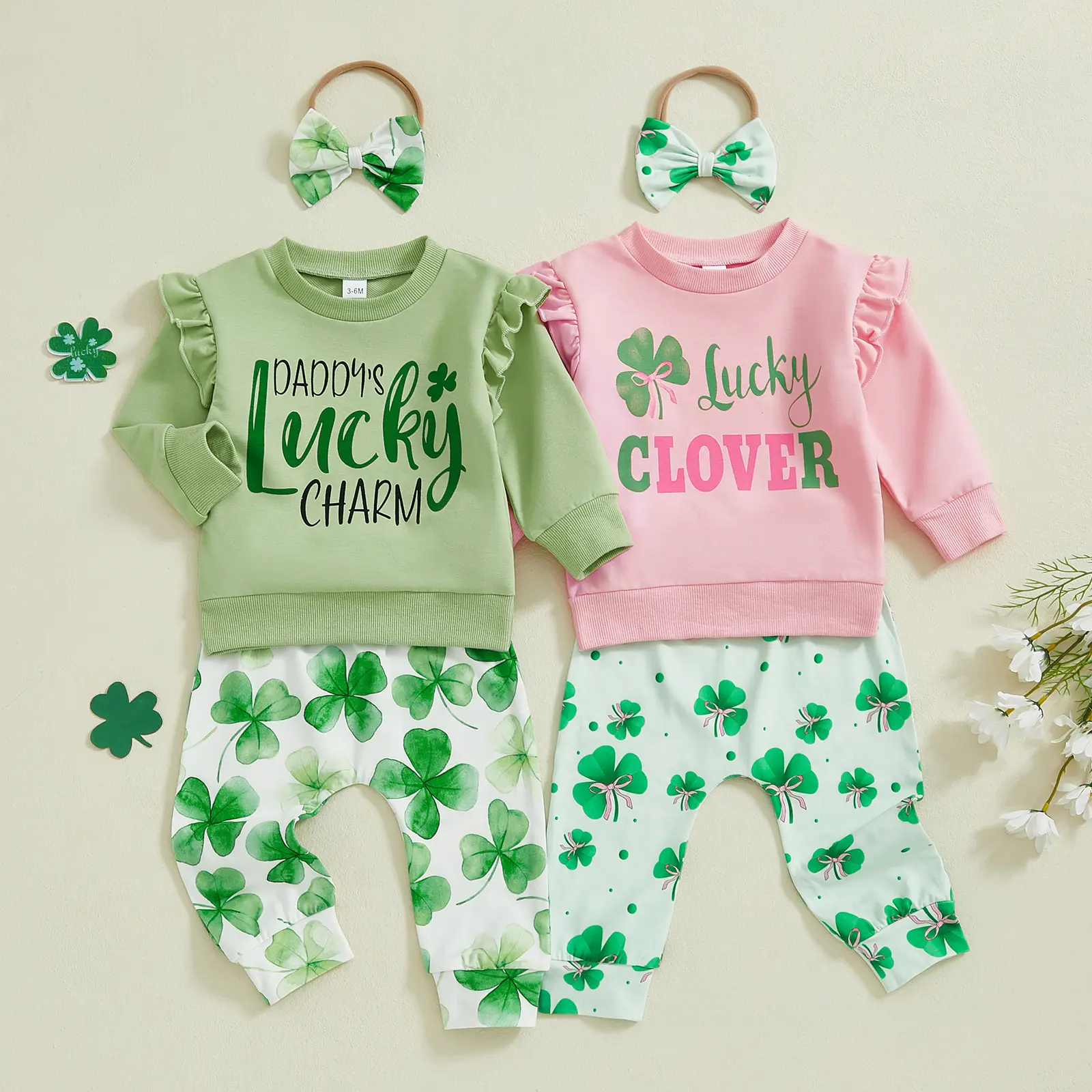 Canrulo Toddler Baby Girl St Patricks Day Outfit Letter Print Ruffle Long Sleeve Sweatshirt Clover Pants Headband 3Pcs Set