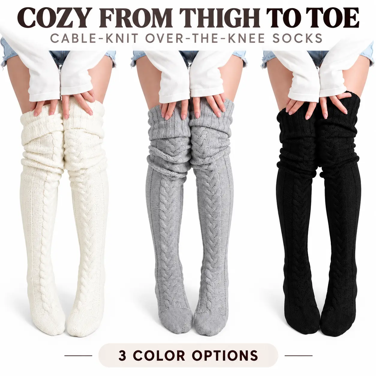 Women's Cable Knit Over-the-Knee Socks, 3-Pair Pack, Thick Warm Thigh High Slouch Socks, Soft Stretchy Winter Knit Stockings for Women, Cozy Fall Fashion & Indoor Leisure, White Gray Black