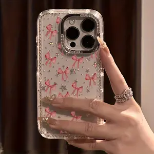 Luxury rhinestone fashion phone case with full-screen bows, transparent glitter border star case, anti-drop case, suitable for iPhone 17ProMax 17Air 16 15 14plus 13 12 11