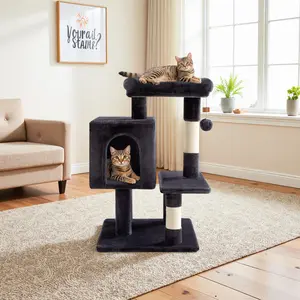 HOOMIC 29-Inch Cat Tree Tower with Large Perch, Cozy Condo & Sisal Scratching Posts. Multi-Level Activity Center for Indoor Cats, Space-Saving Stable Pet Furniture in Pink/Beige/Dark Blue/Grey