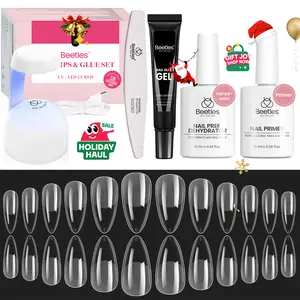 Beetles Gel Nail Kit with Nail Dehydrator and Primer, 576Pcs Half Matte Etch-X Gel Nail Tips Solid Nail Glue Mini Nail Lamp Acrylic Nail Tips Easy DIY Nail Extension Set Gift for Women