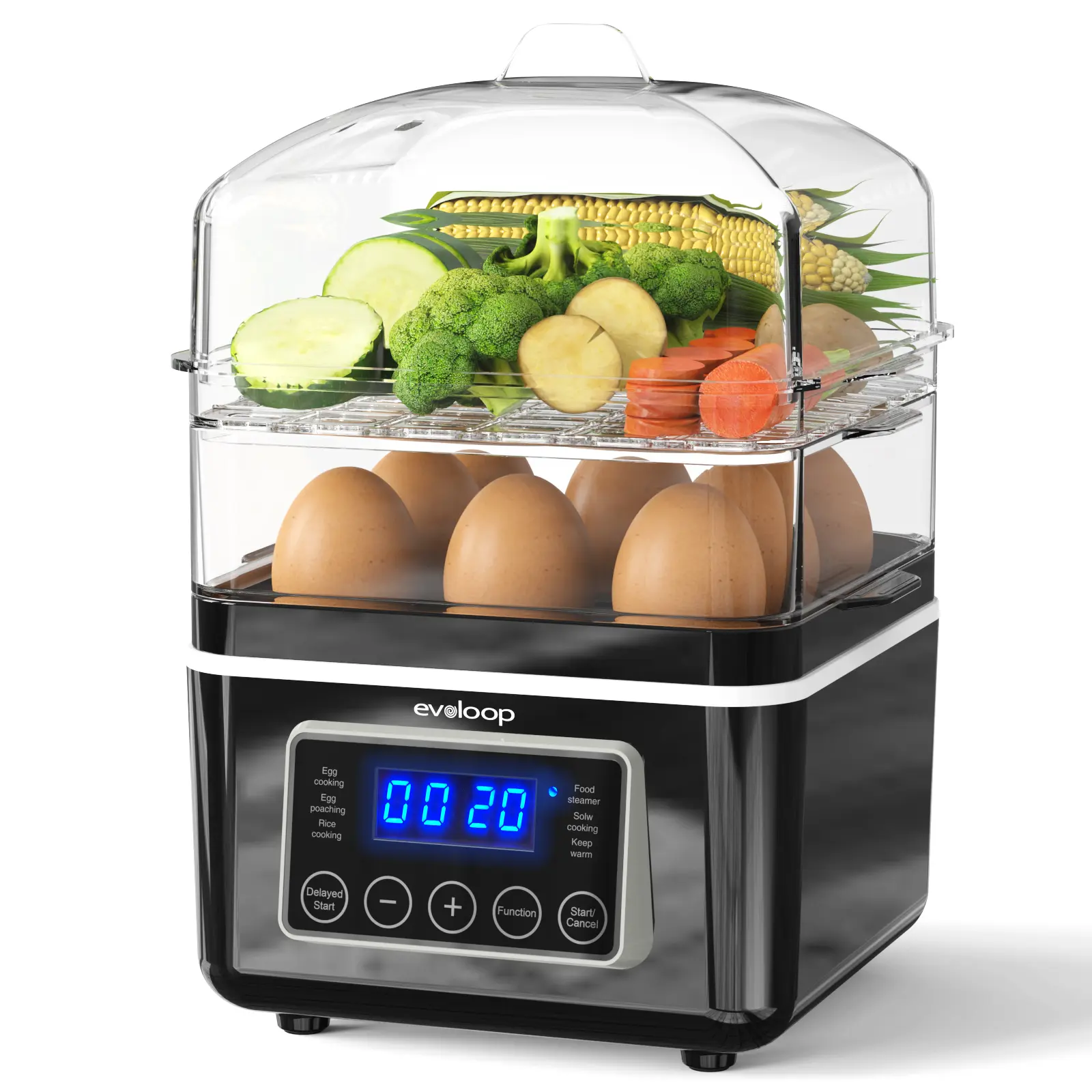 EVOLOOP 2 Tiers Electric Food Steamer for Cooking, 4 QT Digital Multi Vegetable Steamer with BPA-Free Stackable Baskets, Rapid Egg Cooker Egg Steamer with Auto Shut-Off, Ideal for Veggies, Rice