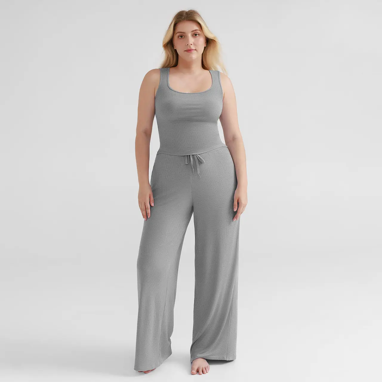 Popilush Women's Sleeveless Square Neck Drawstring Waist Wide Leg Jumpsuit Casual Daily Outfit