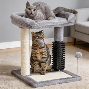 Cat Scratching Post with Grooming Brush, Sisal Cat Tree, Interactive Cat Activity Furniture for Indoor Cats