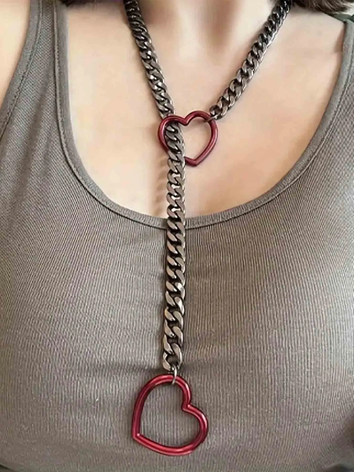 Trendy Gothic Cuban Chain Heart Pendant Y-Shape Necklace, Cuban Link Necklace, Chain Necklaces, Unique Punk Style for Women, Creative Fashion Jewelry Party, Casual All-Season Accessory