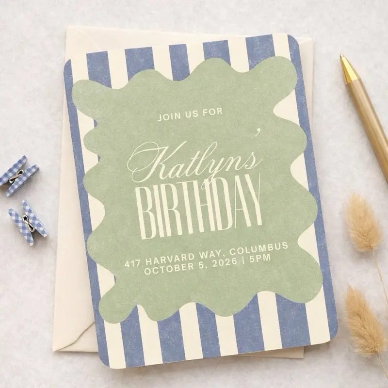 Sage Green & Blue Birthday Invitation | Vintage Striped Party Invite | Printed Birthday Invitations | Retro Kids Birthday