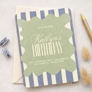 Sage Green & Blue Birthday Invitation | Vintage Striped Party Invite | Printed Birthday Invitations | Retro Kids Birthday