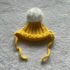 Crochet Cat Hat - Yellow Ribbed Design with White Fluffy Pom Pom
