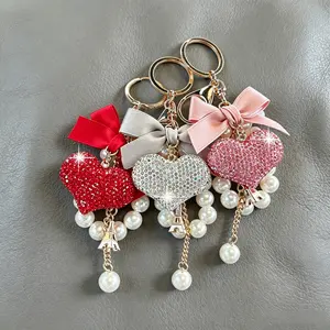 Women's Multi-Color Rhinestone Heart Keychains - Rhinestone Motif Keychains, Heart Brooch Keychains, Glittery Tassel Key Rings, Fashion Costume Jewelry Accessories