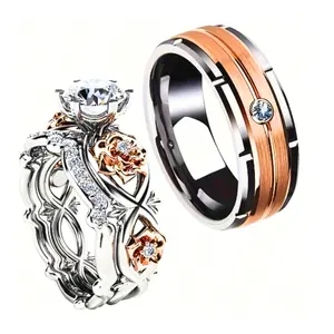 Men's Lover Ring And Women's Rose & Cubic Zirconia Wedding Engagement Ring Set, Surprise Jewelry  For Anniversary And Christmas