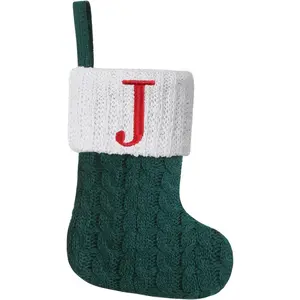 8.5 Inches Mini Green Knit Christmas Stocking Initial Monogram Embroidered Letter J Family Fireplace Hanging Ornament Xmas Holiday Decor Gift