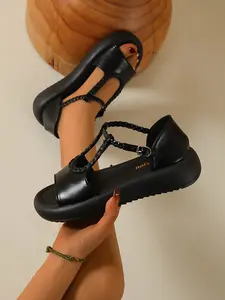 Vintage Thick Sole Mary Jane Shoes for Women, Summer New Casual Versatile Roman Sandals, PU Leather Rubber Sole, Less Than Ankle Height