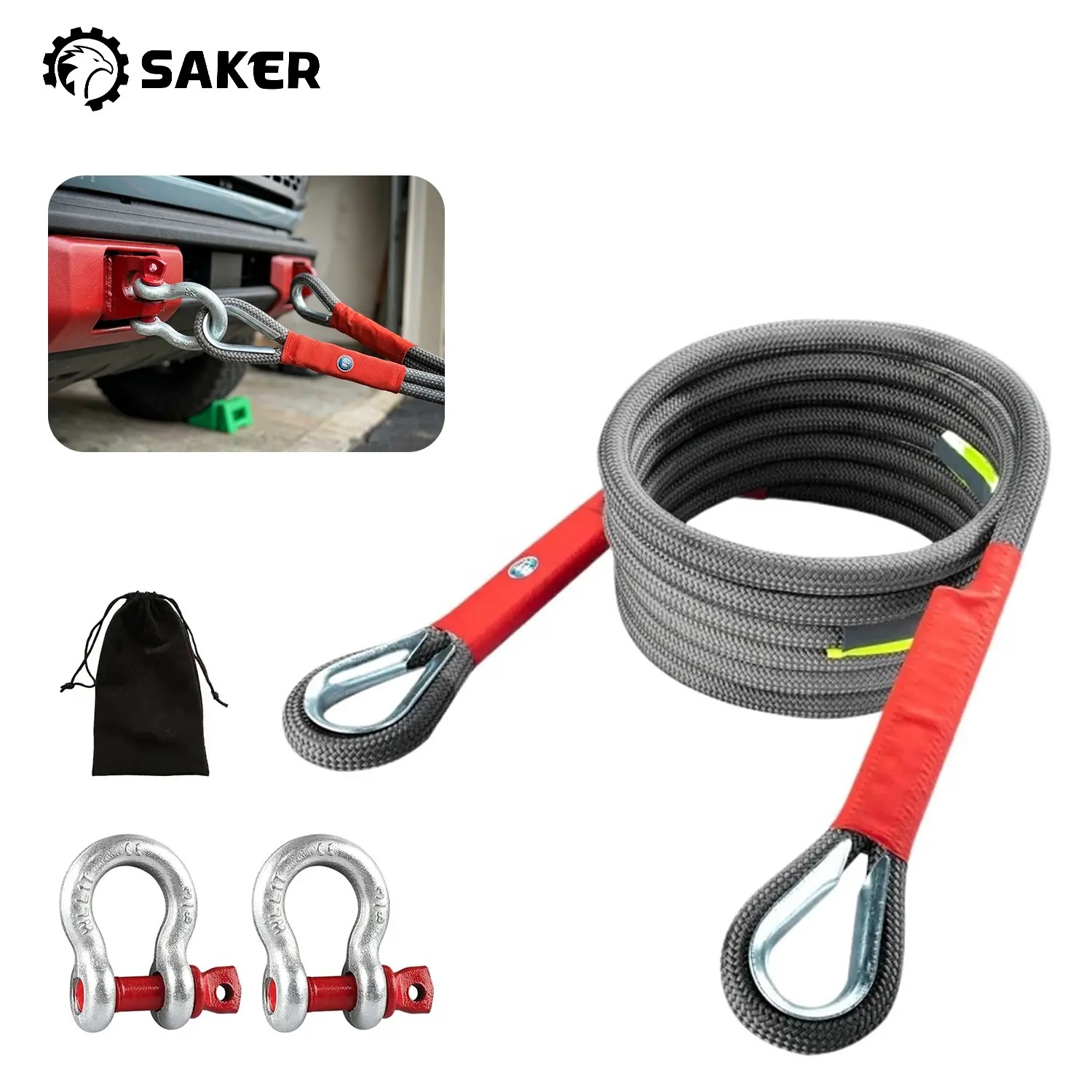 Heavy-Duty 18 Ton 5m& 9m Nylon Tow Rope with Q-Type Shackles & Reflective Belt for Trucks SUVs UTVs ATVs RVs