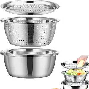 3-In-1（1Set）Stainless Steel Multi-Functional Strainer Set, Includes Basin/sieve/cutter, Ideal for Washing Rice Fruits Vegetables Kitchen Essentials