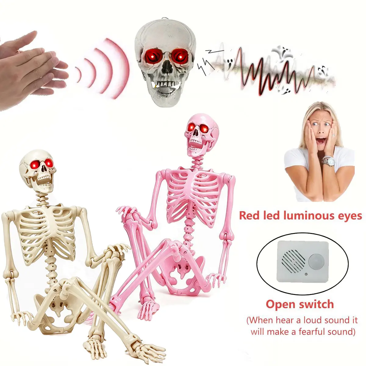 65-inch brand new Halloween Poseable Skeleton Decoration(with sound sensor and sound function)-realistic full-body skeleton model with sound sensor function, battery-powered, movable joints, and LED glowing eyes. Halloween decoration props