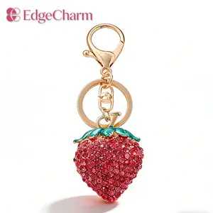 New Rhinestone Strawberry Keychain, Fruit Metal Bag Charm, Bling Strawberry Car Key Ring Accessory for Women