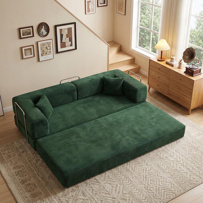 79" Convertible Sleeper Sofa Bed with Cylindrical Pillow Corduroy Folding Mattress Couch Fixed-Shape Frame Modular Compressible Living Room Sofa Set Vintage Suede Comfortable Lounge Chair Lazy Sofa Bean Bag Bedroom Sleeper Modern Cloud Loveseat