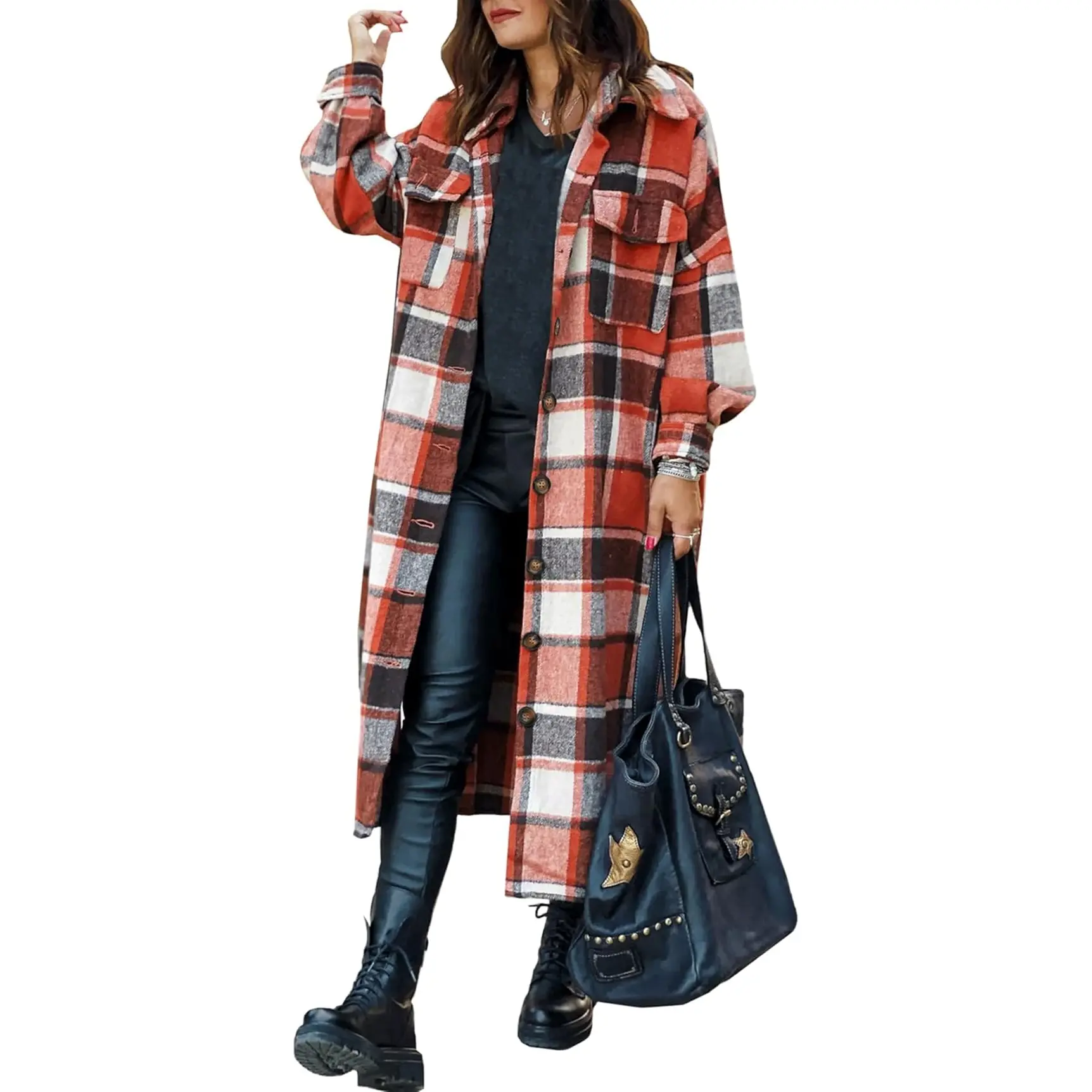 Omoone Women Oversized Plaid Shacket Long Fall Flannel Shirt Jacket | Button down Flannel Coat with 2 Pockets, Drop Shoulder, Long Sleeve, Curved Hem, Casual Woolen Shacket 2026