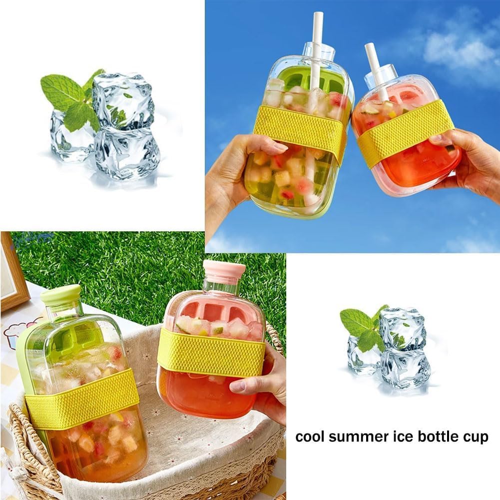 2 in 1 Ice Cube Bottle, Touch-Free Ice Cube Tray Water Bottle，Portable Ice Cube Making Bottle，Press to Release Ice Tray for Home，Outdoor, Office Ice Making (Pink, 500 ML)