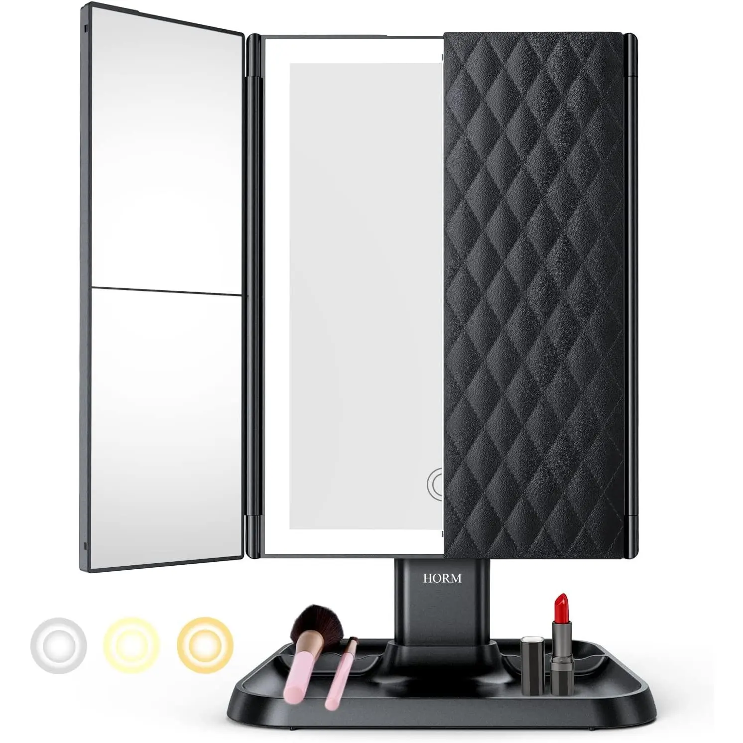 Lighted Trifold Makeup Vanity Mirror for Home Decor & Valentines Day Gift - 3 Color Lighting Modes, 72 LED Touch Control, 1x/2x/3x Magnification, Adjustable Safety Design, Portable High-Definition Reflection Mirror (Black), Micro Usb, Accurate Reflection,