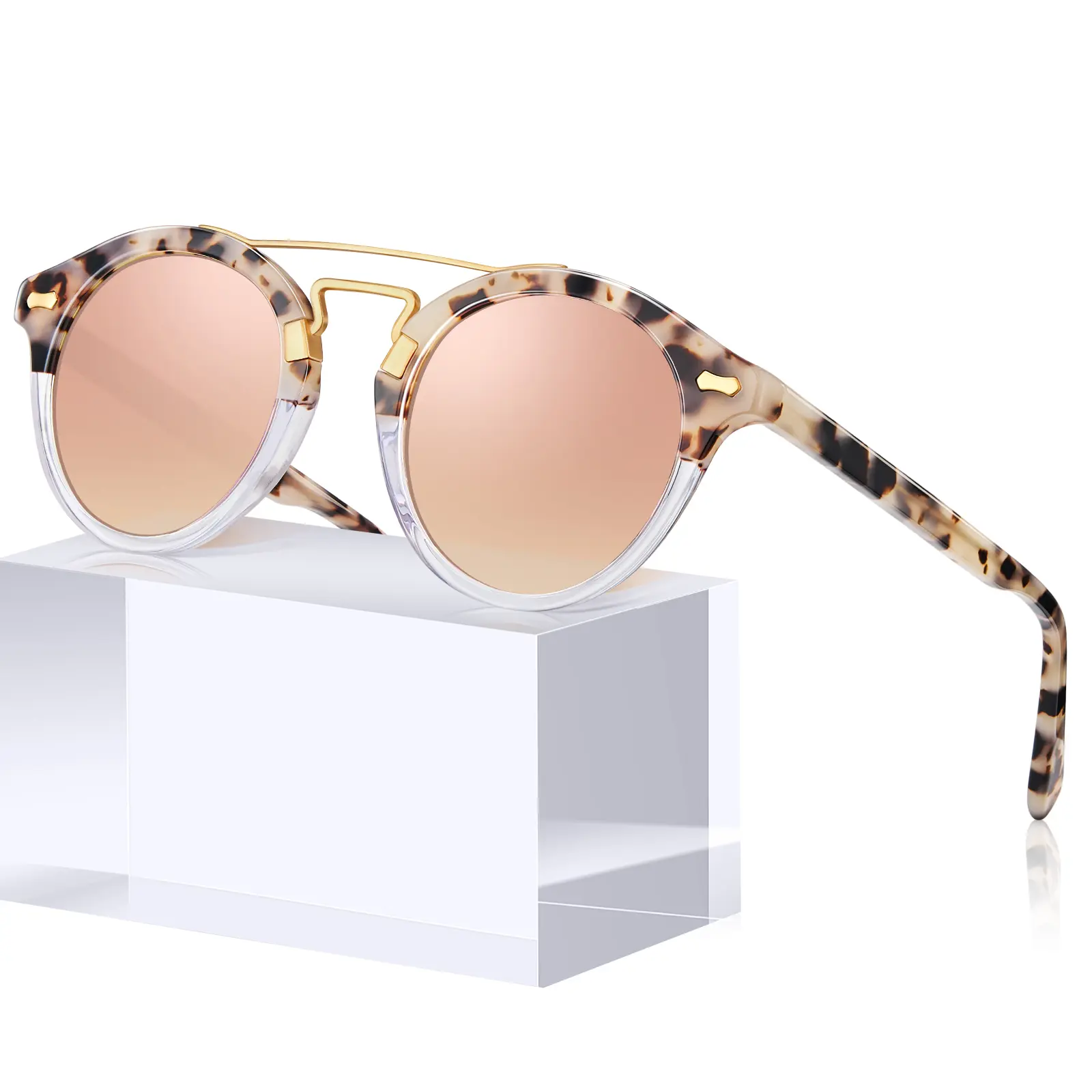 CARFIA Small Face Acetate Double Bridge Sunglasses for Women Polarized UV Protection, Retro Metal Brow Eyewears Round Sunnies