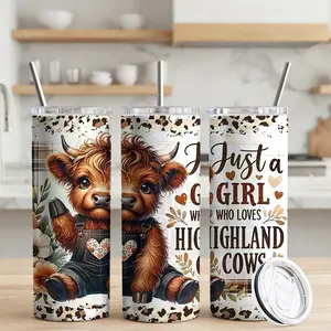 1Pc 20oz Stainless Steel Tumbler, Dazzling with Sweet Bovine Art, Plaid & Leopard Print - Modern Farm Life Insulated Mug, Ideal for Enjoying Drinks, a Perfect Gift for Anyone Embracing Rustic Style