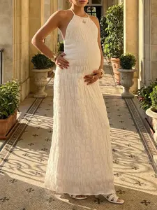 LAMIKA Minimalist Uncovered Spine Alabaster Floor Sweeping Mother To Be Frock Vintage Birthday Attire Boho Chic