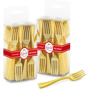 Gold Mini Forks 4 Inch (80-Count) Disposable Plastic Appetizer Fork for Cocktail Hour, Dessert Cups, Small Food Samples, Tiny Appetizers, Charcuterie Board, Wedding Reception Birthday Party Tray