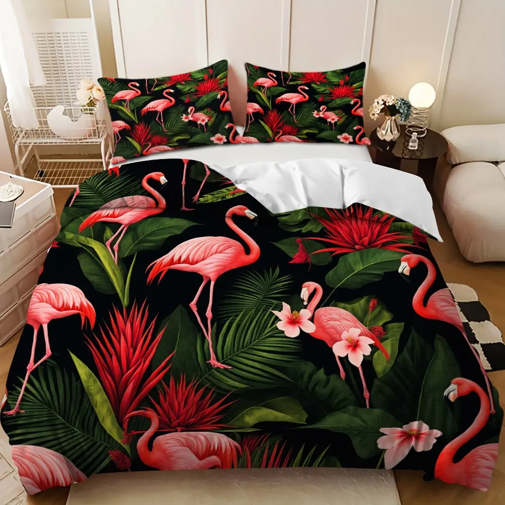 Bedding Set - 3pcs Black and Pink Flamingo Floral Design Down Comforter Set (1 comforter cover + 2 pillowcases, filling not included) A perfect gift for family and friends, soft and comfortable, suitable for family bedrooms and guest rooms.