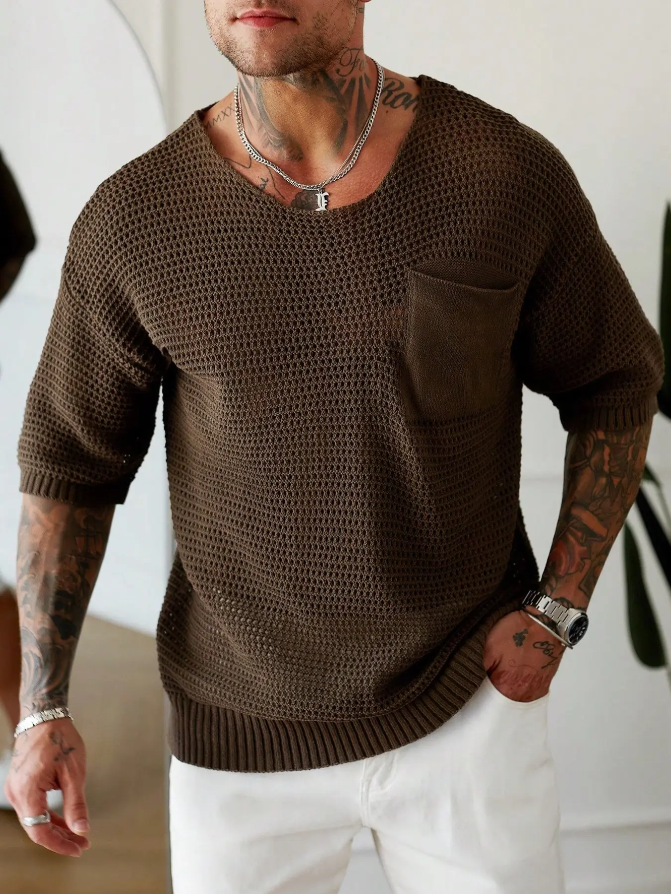 Men's Short Sleeve Pocket Knit Sweater, Casual Loose-Fitting, Breathable Mesh, Solid Color, Ideal for Daily Wear and Outdoor Activities