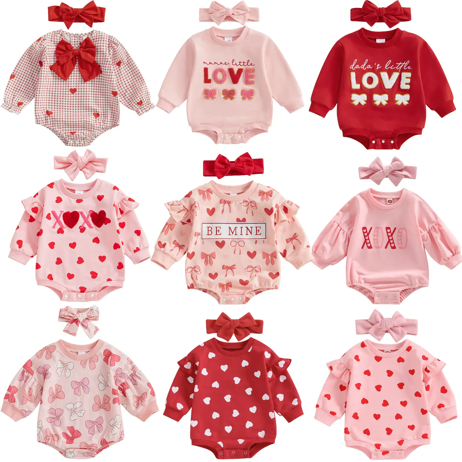Newborn Baby Girl Valentines Day Outfits Oversized Heart Print Ruffle Long Sleeve Sweatshirt Romper Bodysuit