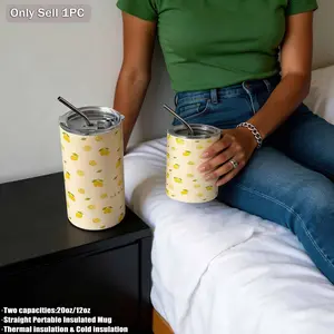 360ML-600ML Lemon Pattern Stainless Steel Insulated Cup Mug, Dual Drinking Mouth, Straw, Lid Included, Ideal for Travel, Home, School, Work, Gifts, Insulation