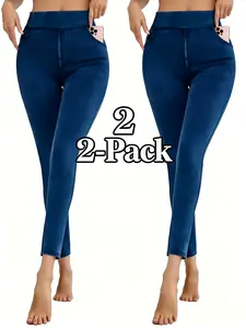 2Pcs  Women's High-Waisted Yoga Pants Washed Denim Style Tummy Control Fitness Pants Suitable for Fitness, Casual Wear, Daily Wear, Travel [Non-enim Fabric]