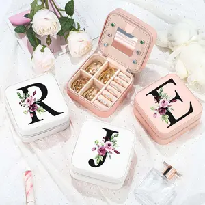 1pc Jewelry Box,  26 Letters Design, Women's Jewelry Box, Bridesmaid Jewelry Box,, Girls Jewellery Case, Jewellery Ring Box, Travel Jewelry Box ,  Beige Travel Case with Zipper Closure & Fabric Lining, Perfect Bridesmaid Proposal Gift or Couple’s Keepsake