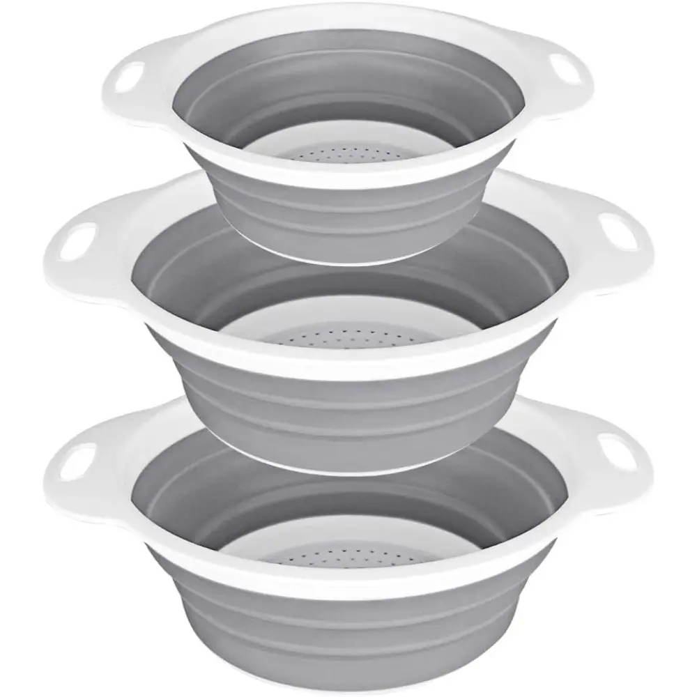 Collapsible Colander and Strainer Set of 3-2 PC 4 Quart (1 gal) and 1 PC 2 Quart (0.5 gal) - BPA Free & Dishwasher-safe Silicone Kitchen Foldable Strainer for Pasta, Veggies