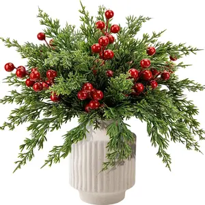 60 count Christmas Artificial Pine Branches with Red Berry Stems- 10.5" Faux Evergreen Norfolk Pine Cypress Leaves Stems-Foliage PinePicks for DIY Craft Garland Home Decor