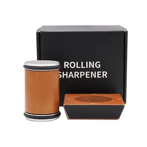 Rolling Blade Sharpening System, Four Corners Base, 3.86 Inch Wooden Roller, Two Abrasive Wheels, Ideal for Kitchen Use