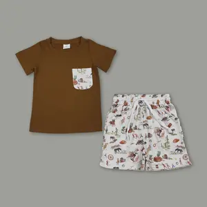 Boys Brown Western Clothes Summer Outfit Toddler Kids Short Sleeve Shirt & Shorts 2 Piece Set