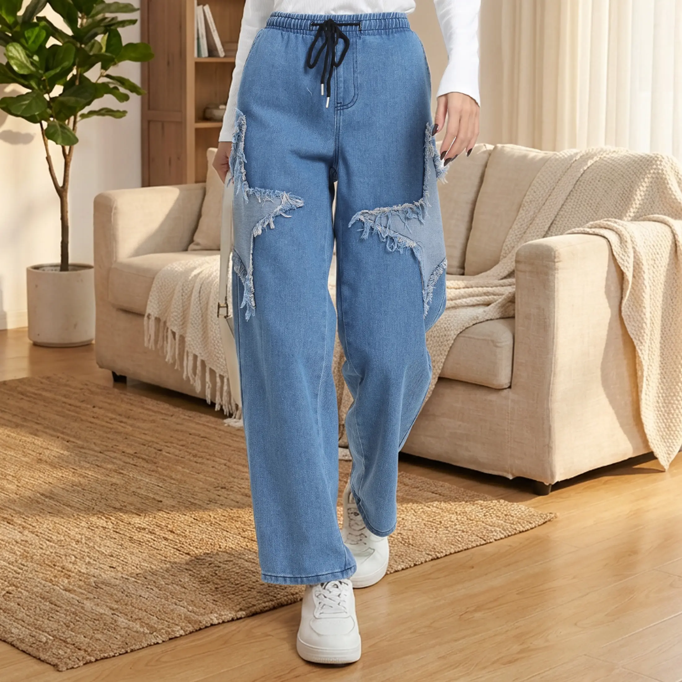 Women's Indie Aesthetic Star Jeans Girl's Distressed Wide Leg Denim Trousers