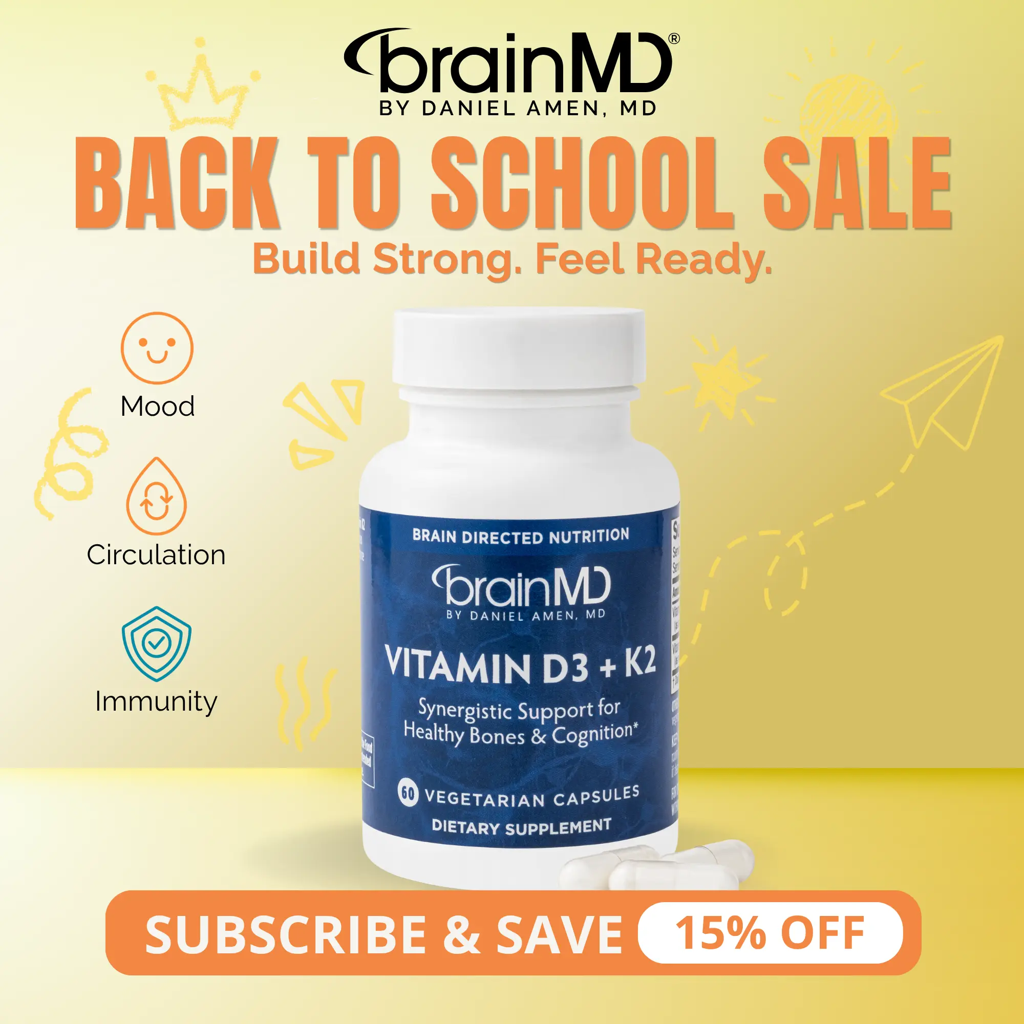 Vitamin D3 + K2 | BrainMD | 60 Capsules | Bone & Cardiovascular Health Support | Immune, Mood & Cognitive Support | Vitamin D3 with Vitamin K2 (MK-7)